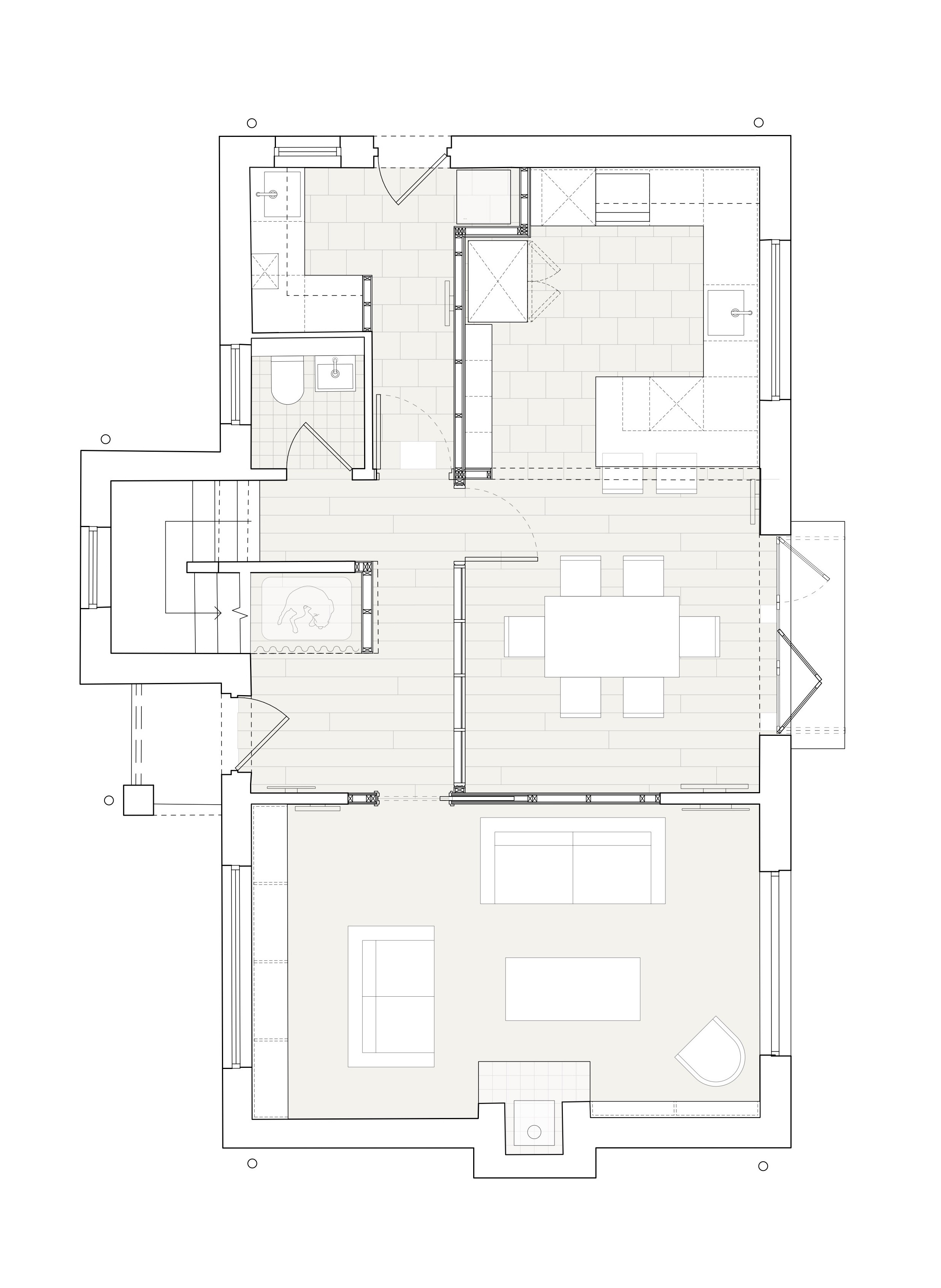 Plan drawing of a detached house with living room, open-plan kitchen / dining room, utility room, WC and dog's nook under the stairs.