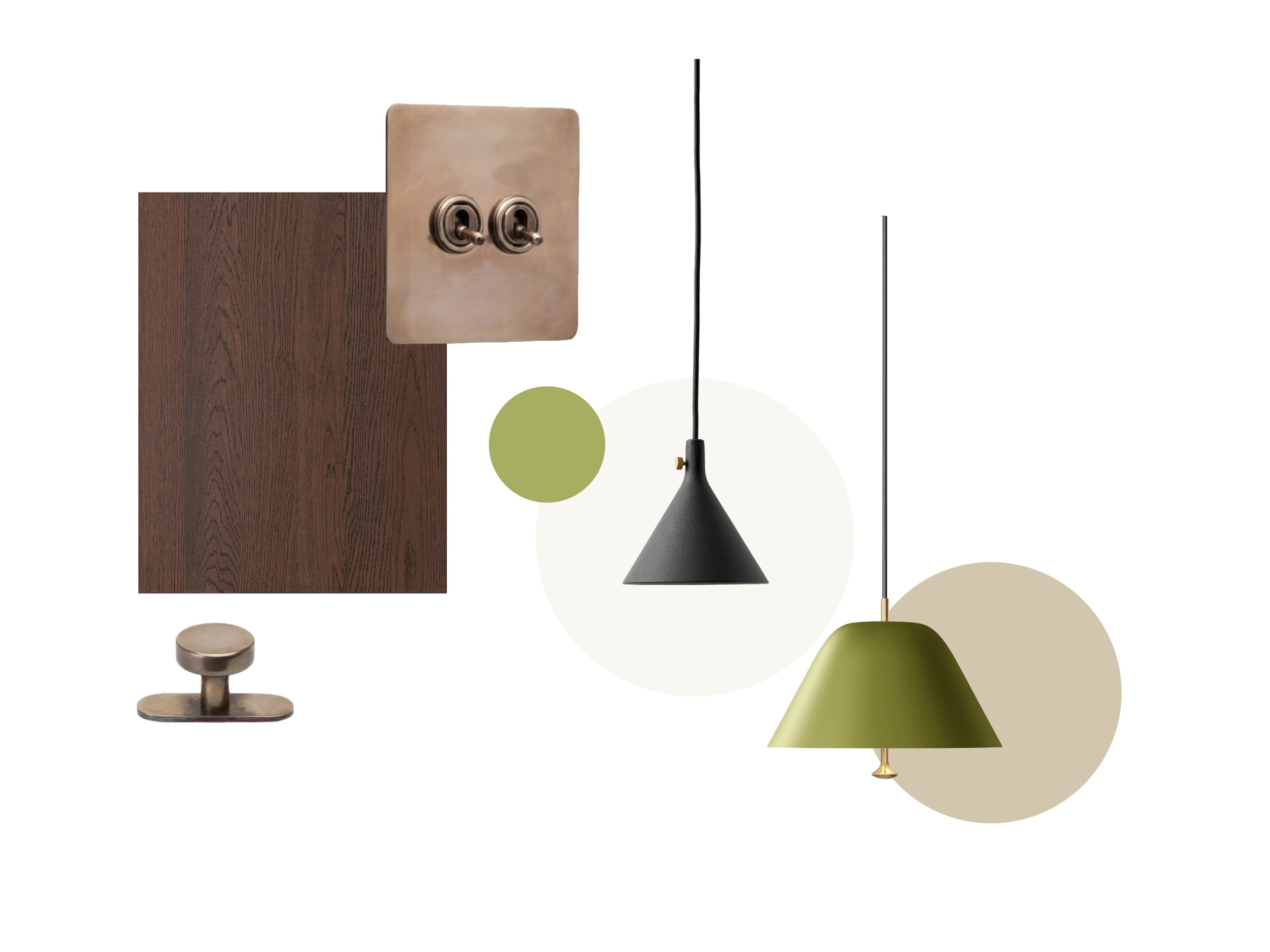 Sample board collage with brass fittings, walnut veneer cabinet door, warm paint neutral tones and a black cast iron and green 50s style lighting pendants.